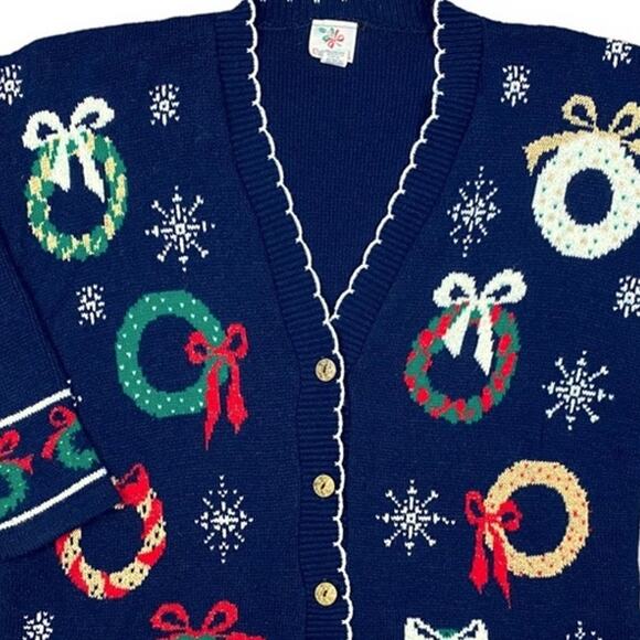 Vintage Grandma Christmas Wreath Sweater Cardigan Nutcracker Large 90's - Picture 2 of 7